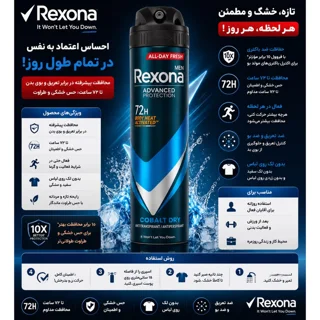 اسپری ضدتعریق مردانه رکسونا مدل Cobalt Dry 72H حجم 200 میلی‌لیتر 102698500