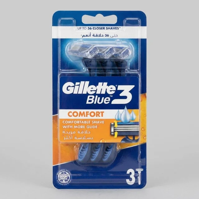 خودتراش ژیلت مدل Blue3 Comfort بسته 3 عددی، دارای 3 تیغه و نوار روان‌کننده